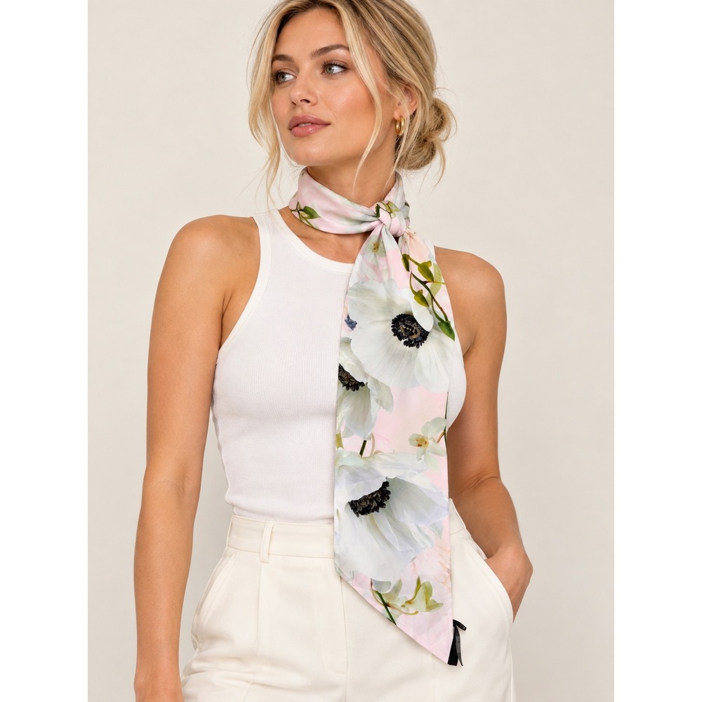 Ted Baker Tanya Pink Anemone Floral Skinny Scarf Rose Gold Button Twilly